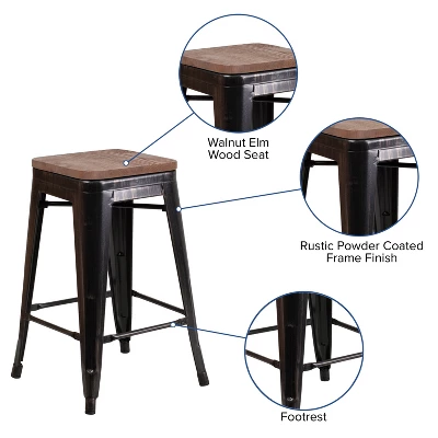 Flash Furniture 24" High Backless Metal Counter Height Stool With Square Wood Seat 3 Flash Furniture 24" High Backless Metal Counter Height Stool With Square Wood Seat - Image 3