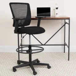 Flash Furniture Ergonomic Mid-Back Mesh Drafting Chair With Black Fabric Seat, Adjustable Foot Ring And Adjustable Arms