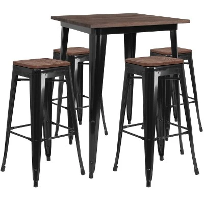 Flash Furniture 31.5" Square Metal Bar Table Set With Wood Top And 4 Backless Stools 1 Flash Furniture 31.5" Square Metal Bar Table Set With Wood Top And 4 Backless Stools