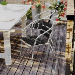 Flash Furniture Lila Aluminum Commercial Indoor-Outdoor Restaurant Stack Chair With Triple Slat Faux Teak Back