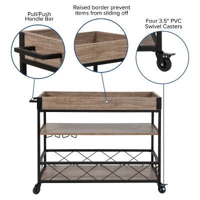 Flash Furniture Buckhead Distressed Light Oak Wood And Iron Kitchen Serving And Bar Cart With Wine Glass Holders 2 Flash Furniture Buckhead Distressed Light Oak Wood And Iron Kitchen Serving And Bar Cart With Wine Glass Holders - Image 2