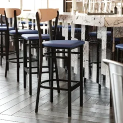 Flash Furniture Wright Commercial Grade Barstool With 500 LB. Capacity Steel Frame, Solid Wood Seat, And Boomerang Back