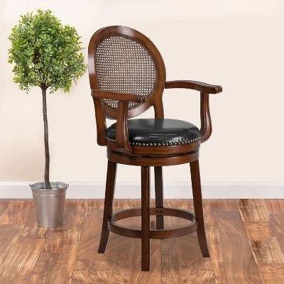 Flash Furniture 26'' High Expresso Wood Counter Height Stool With Arms, Woven Rattan Back And Black LeatherSoft Swivel Seat 1 Flash Furniture 26'' High Expresso Wood Counter Height Stool With Arms, Woven Rattan Back And Black LeatherSoft Swivel Seat