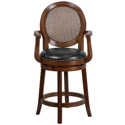 Flash Furniture 26'' High Expresso Wood Counter Height Stool With Arms, Woven Rattan Back And Black LeatherSoft Swivel Seat 8 Flash Furniture 26'' High Expresso Wood Counter Height Stool With Arms, Woven Rattan Back And Black LeatherSoft Swivel Seat - Image 8