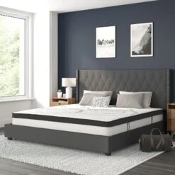 Flash Furniture Riverdale Tufted Upholstered Platform Bed With 10 Inch CertiPUR-US Certified Foam And Pocket Spring Mattress