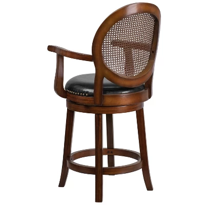 Flash Furniture 26'' High Expresso Wood Counter Height Stool With Arms, Woven Rattan Back And Black LeatherSoft Swivel Seat 6 Flash Furniture 26'' High Expresso Wood Counter Height Stool With Arms, Woven Rattan Back And Black LeatherSoft Swivel Seat - Image 6