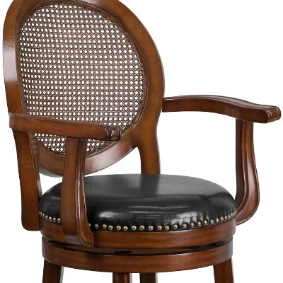 Flash Furniture 26'' High Expresso Wood Counter Height Stool With Arms, Woven Rattan Back And Black LeatherSoft Swivel Seat 4 Flash Furniture 26'' High Expresso Wood Counter Height Stool With Arms, Woven Rattan Back And Black LeatherSoft Swivel Seat - Image 4