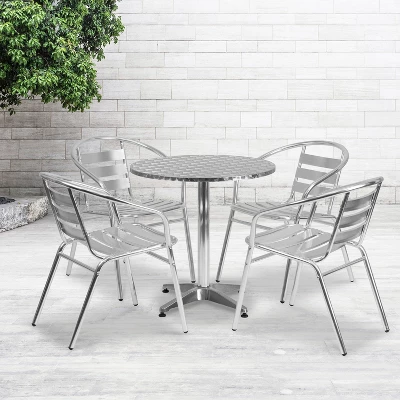 Flash Furniture Lila 27.5'' Round Aluminum Indoor-Outdoor Table Set With 4 Slat Back Chairs 1 Flash Furniture Lila 27.5'' Round Aluminum Indoor-Outdoor Table Set With 4 Slat Back Chairs