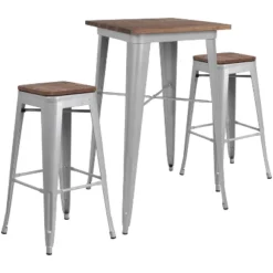 Flash Furniture 23.5" Square Metal Bar Table Set With Wood Top And 2 Backless Stools
