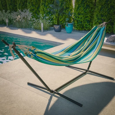 Flash Furniture Lola 2 Person Hammock With Stand And Premium Carry Bag, Cotton Hammock With Space Saving Steel Stand, 450 LBS. Static Weight Capacity 2 Flash Furniture Lola 2 Person Hammock With Stand And Premium Carry Bag, Cotton Hammock With Space Saving Steel Stand, 450 LBS. Static Weight Capacity - Image 2