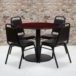 Flash Furniture 36'' Round Laminate Table Set With Round Base And 4 Trapezoidal Back Banquet Chairs
