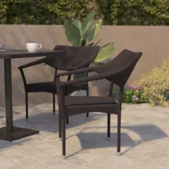 Flash Furniture Jace Set Of 2 Commercial Grade Stacking Patio Chairs, All Weather PE Rattan Wicker Patio Dining Chairs