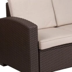 Flash Furniture Chocolate Brown Faux Rattan Loveseat With All-Weather Beige Cushions -Flash Furniture Sales Store GUEST f19d1f70 9451 44d7 8dc9 94b4250c7f6b