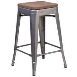 Flash Furniture 24" High Backless Clear Coated Metal Counter Height Stool With Square Wood Seat